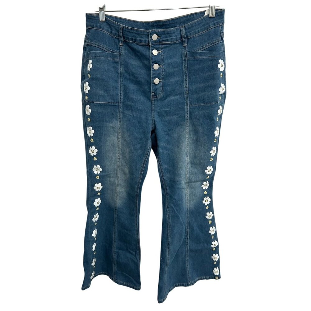 Floral Embroidered Denim Button Fly Flare Jeans 2XL Boho Chic Style Womens Pants